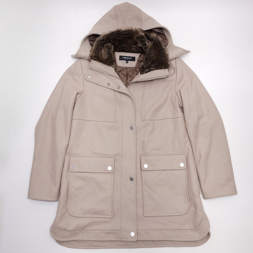 Kenneth Cole NY Women's Large Mid Length Wool Blend Anorak Jacket Tope Beige
